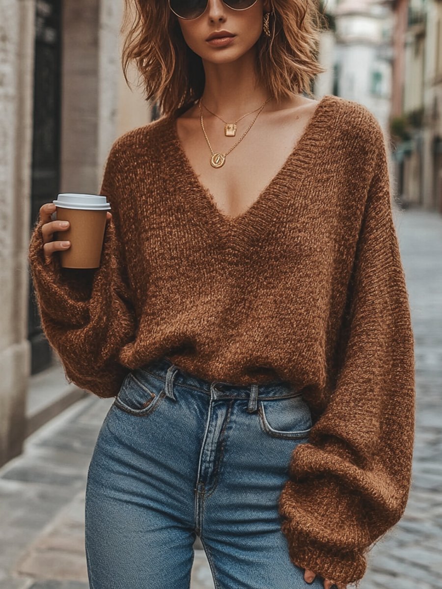 Casual Lazy V-neck Loose Fit Sweater