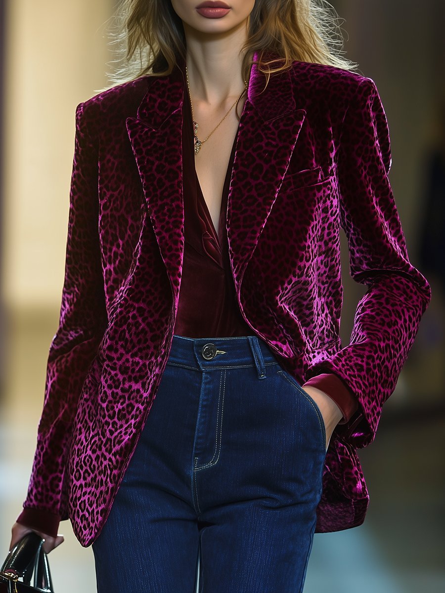 Retro Fashion Personalized Lapel Pocket Leopard Print Blazer