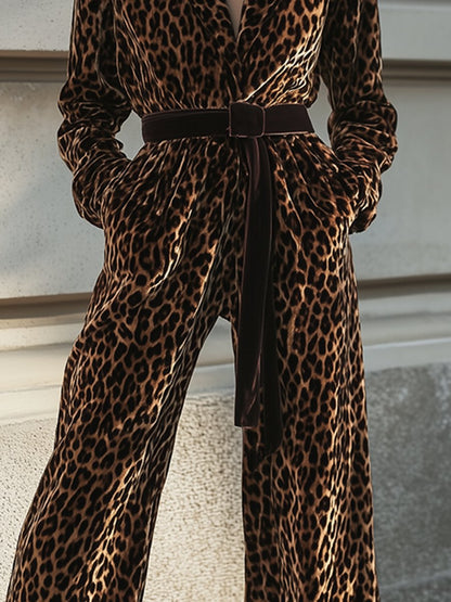 Retro Fashion Lapel Contrast Belt Pocket Leopard Print Jumpsuit