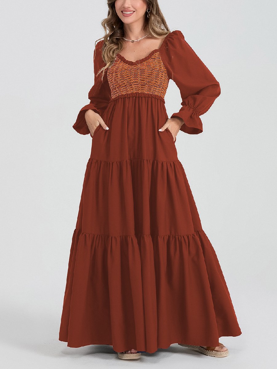 Casual Long Sleeve Pleated Layered Ruffled Hem Maxi Dress