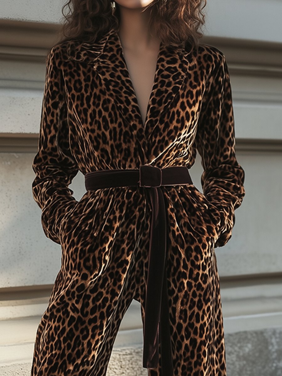 Retro Fashion Lapel Contrast Belt Pocket Leopard Print Jumpsuit