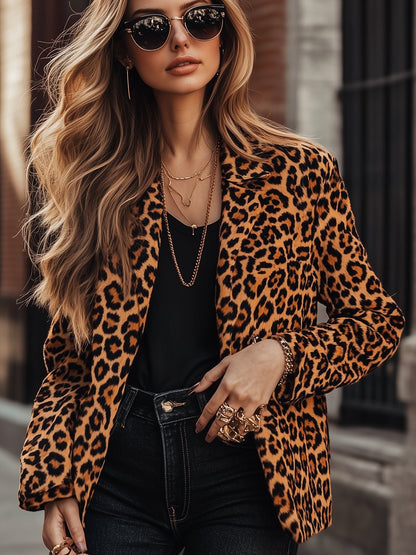 Retro Fashion Long Sleeve Leopard Print Lapel Blazer