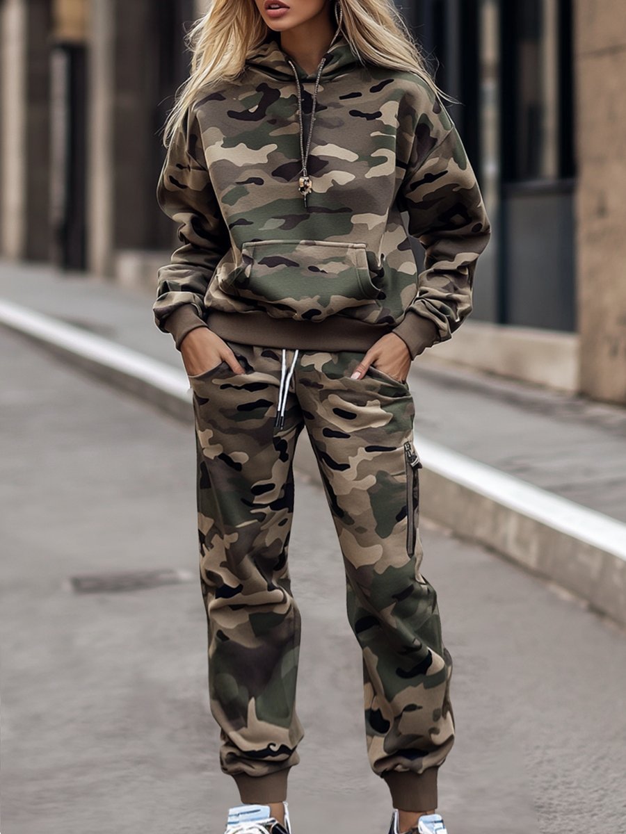 Fashion Retro Camouflage Hooded Pocket Sweatshirt and Pants Two-piece Set