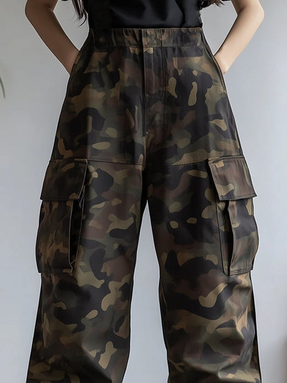 Fashion retro loose wide-leg camouflage overalls