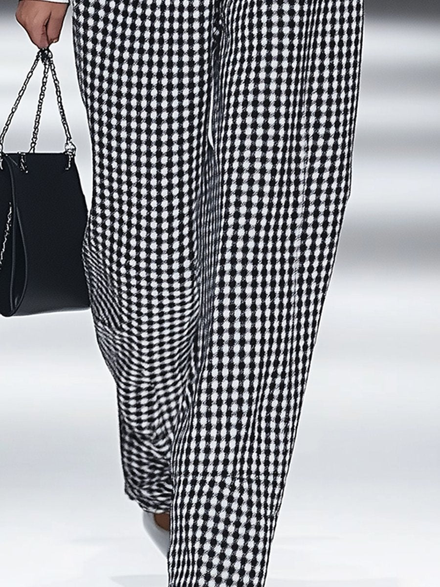 Fashion Retro Houndstooth Pocket Straight Pants