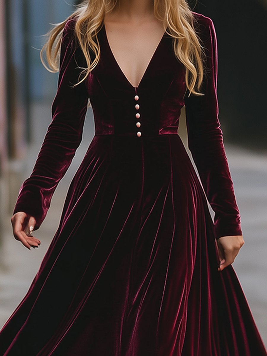 Retro Fashion V-Neck Waist Button Velvet Midi Dress