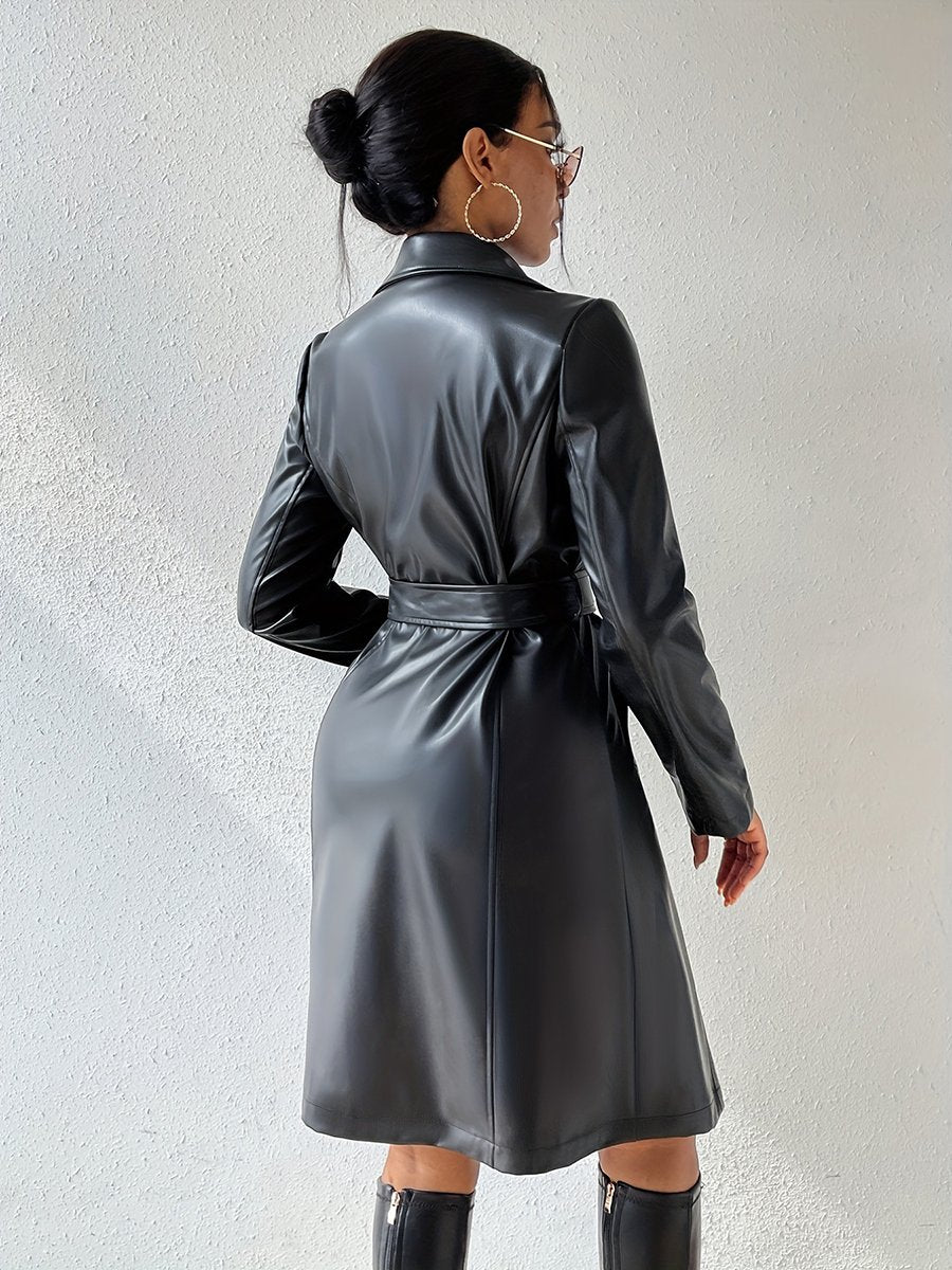 Fashion Street Long-sleeved Slim Fit Mid-length Leather Trench Coat