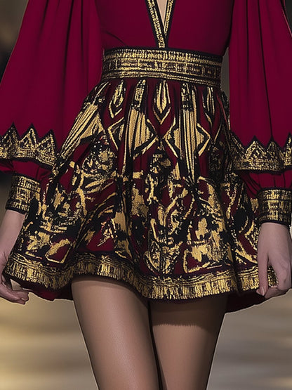 V-Neck Long-Sleeved Gorgeous Red And Gold Printed Mini Dress