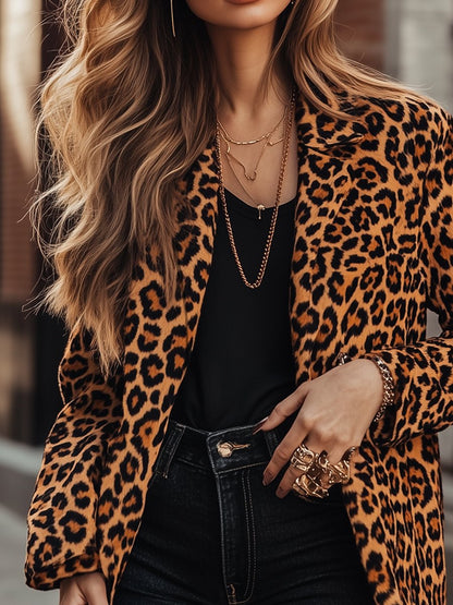 Retro Fashion Long Sleeve Leopard Print Lapel Blazer