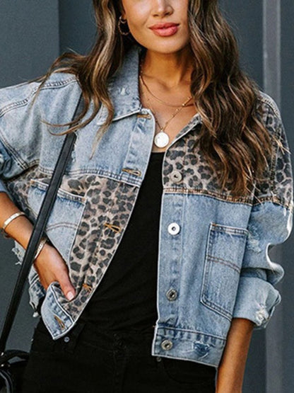 Retro Fashion Leopard Print Long Sleeve Denim Jacket