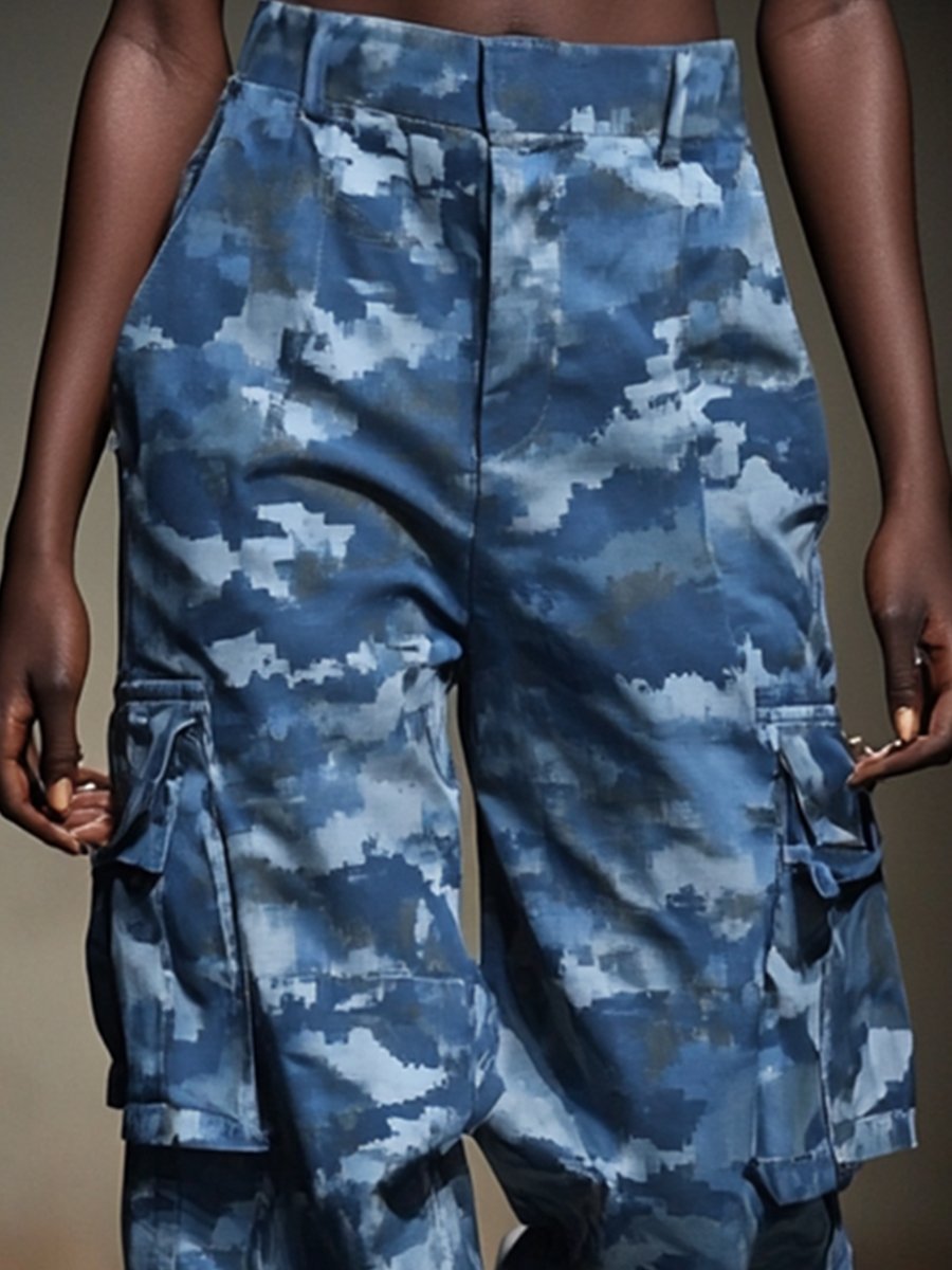 Navy Blue Retro Fashion Multi-Pocket Cargo Camouflage Pants