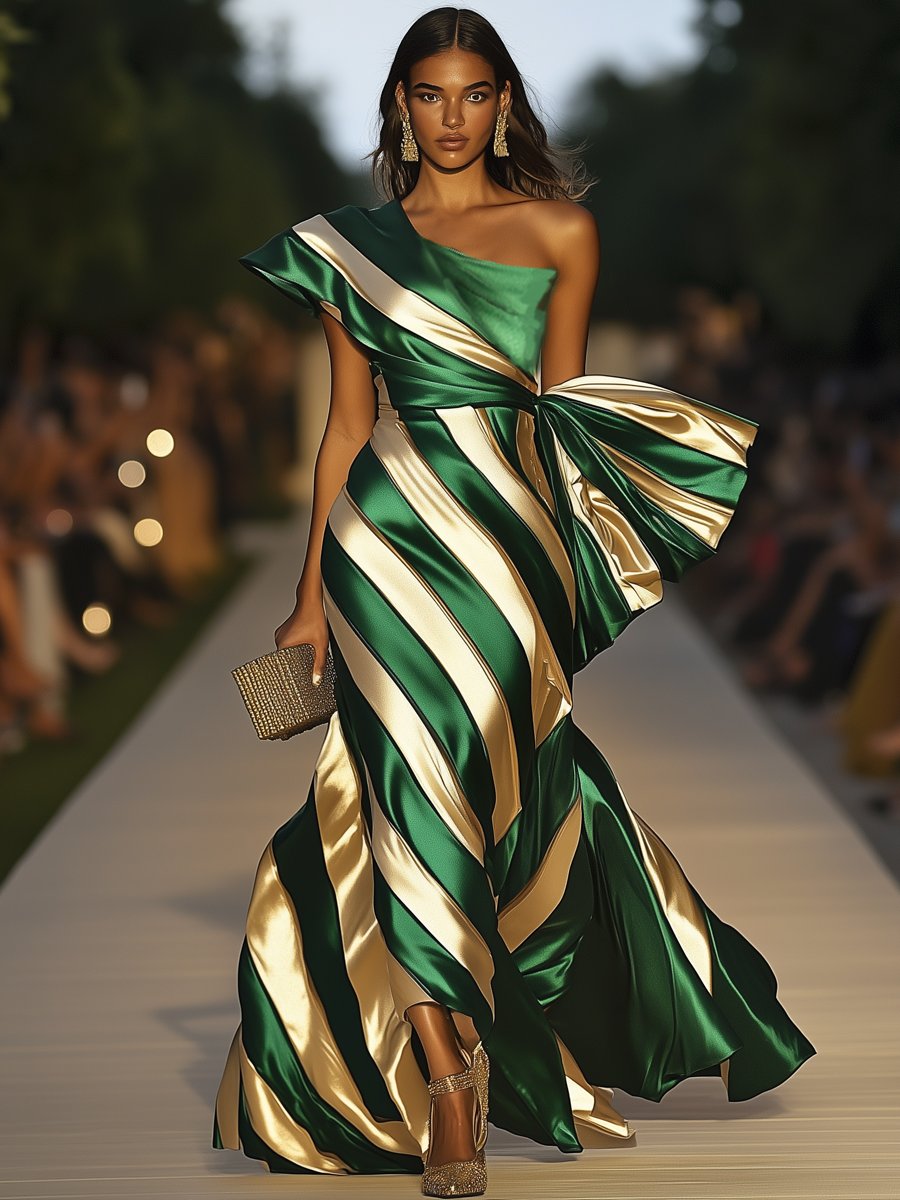 Elegant Striped Sleeveless Emerald Green Twill Printed Big Bow Maxi Dress