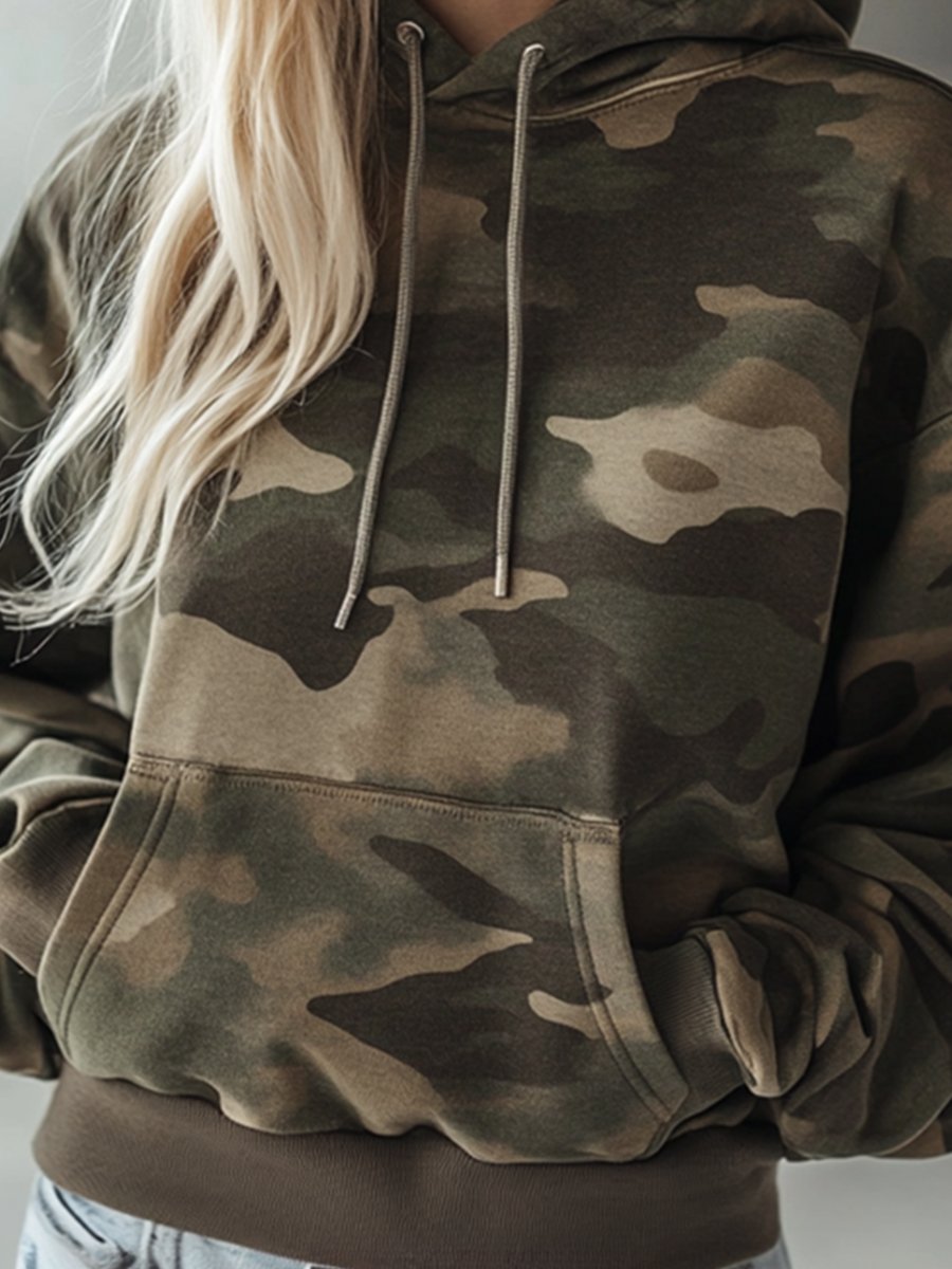 Vintage Casual Pocket Hooded Camouflage Sweatshirt