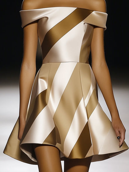 Elegant One Shoulder Gold and White Striped Satin Mini Dress