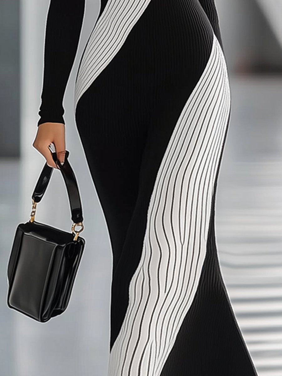 Fashion Casual Slim Round Neck Contrast Striped Knitted Maxi Dress