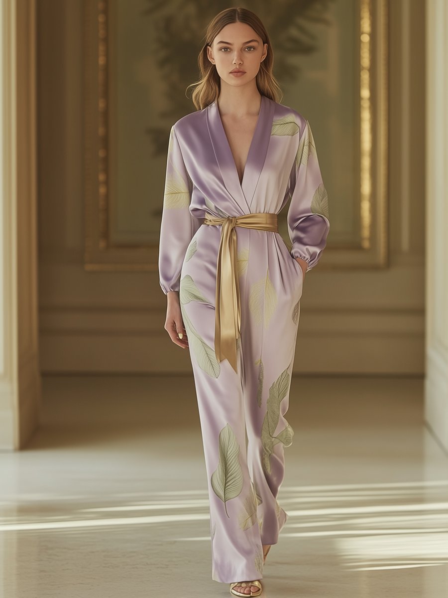 Lavender Satin Mint Green Leaf Print Jumpsuit