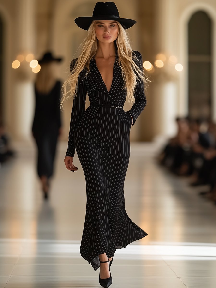 High Quality Vintage Black Striped Long Sleeve Maxi Dress