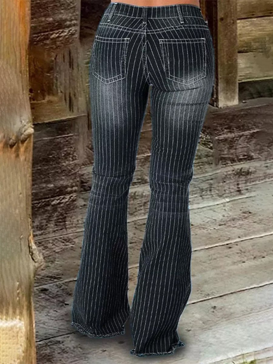 Vintage Fashion Mid-Rise Striped Flared Jeans