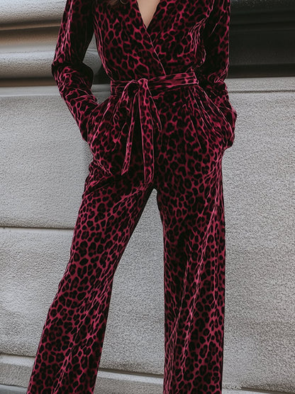 Retro Fashion Lapel Tie Wide Leg Dark Pink Leopard Print Jumpsuit