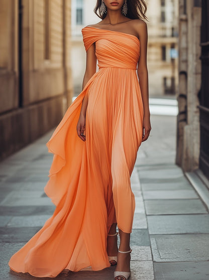 Graceful Off-The-Shoulder Coral Chiffon Maxi Dress