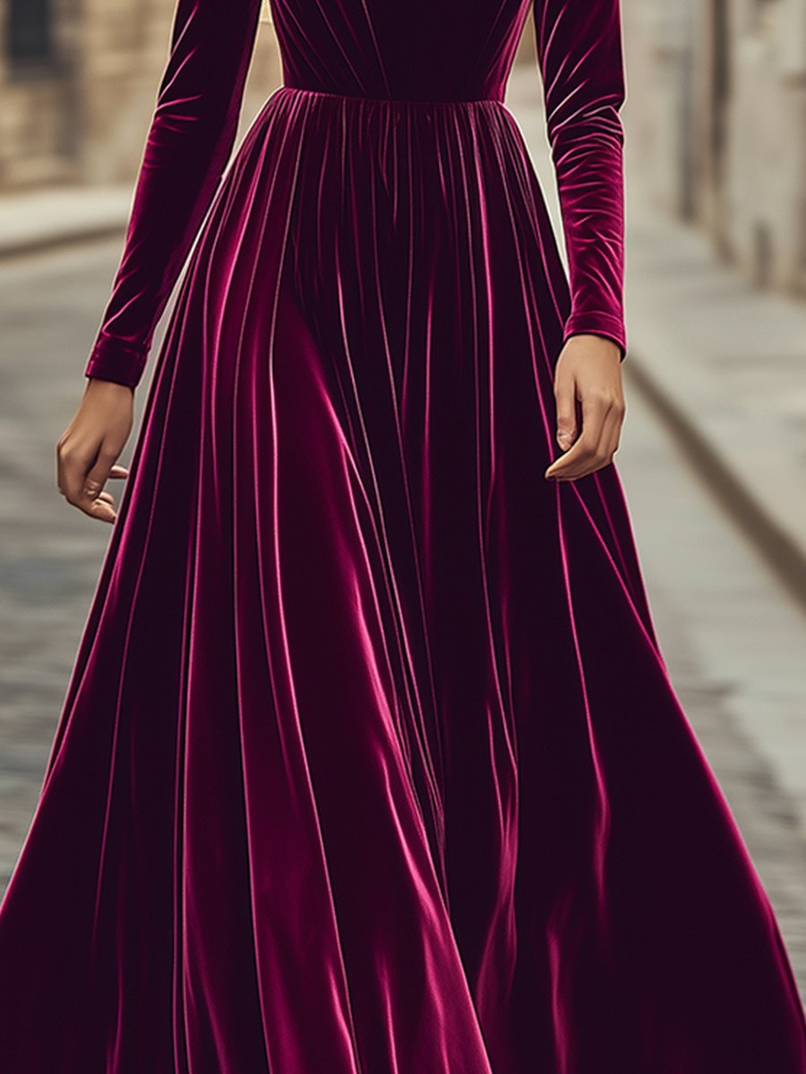 Retro Fashion High Collar Waist Velvet Maxi Dress