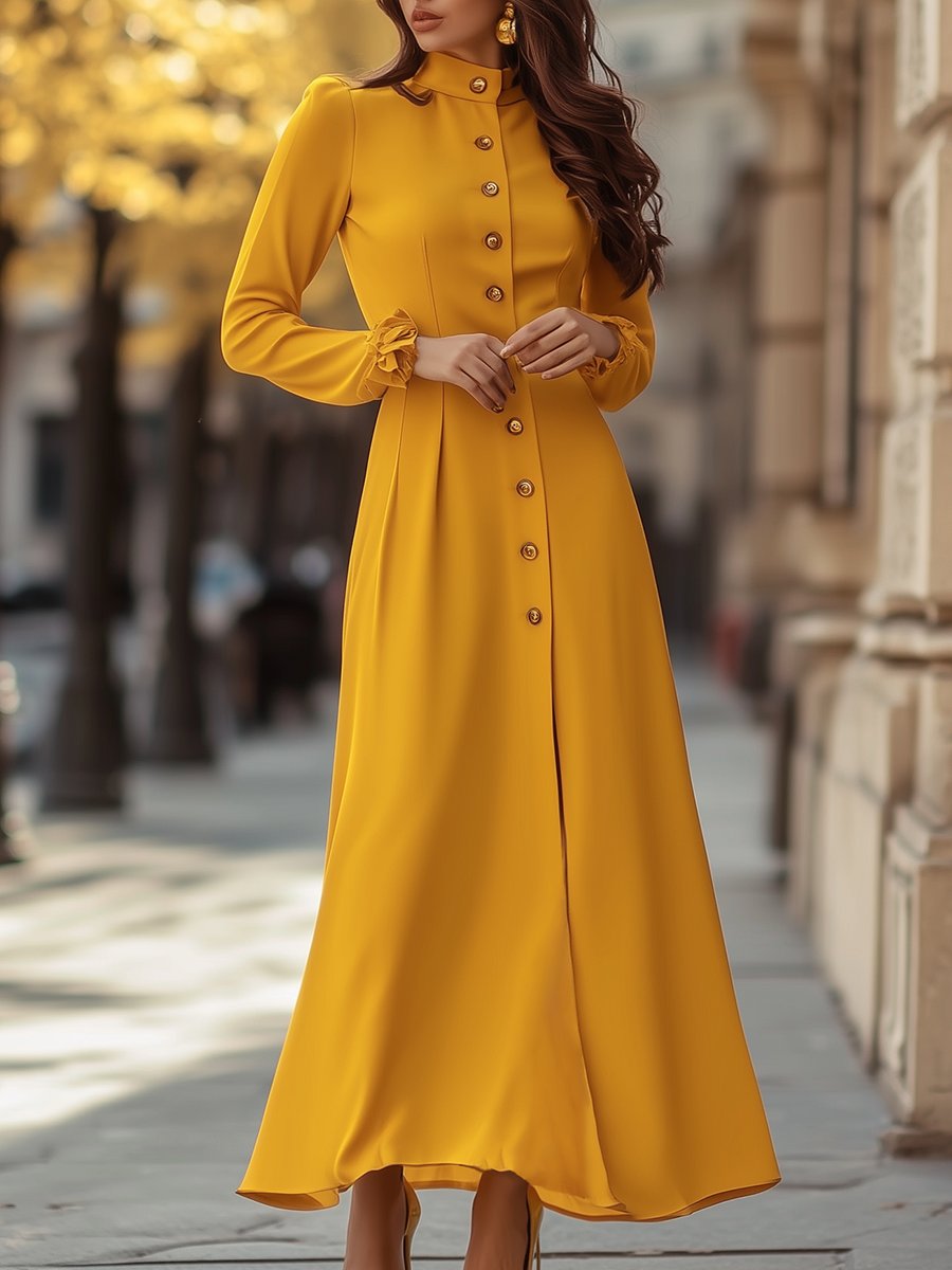 Stylish Elegant Stand Collar Gold Button Long Sleeve Maxi Dress