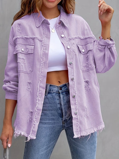 Fashionable Casual Solid Color Mid-length Ripped Long-sleeved Denim Jacket