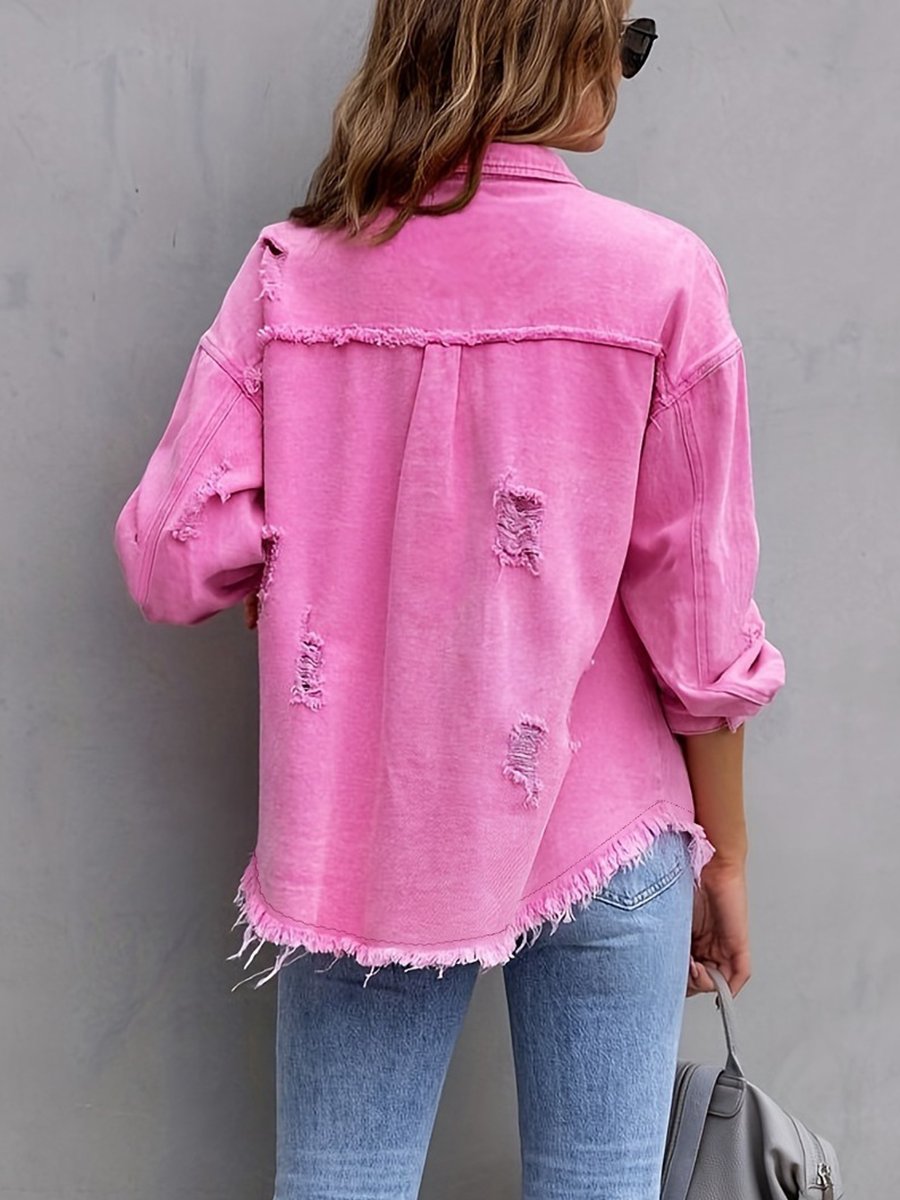 Fashionable Casual Solid Color Mid-length Ripped Long-sleeved Denim Jacket