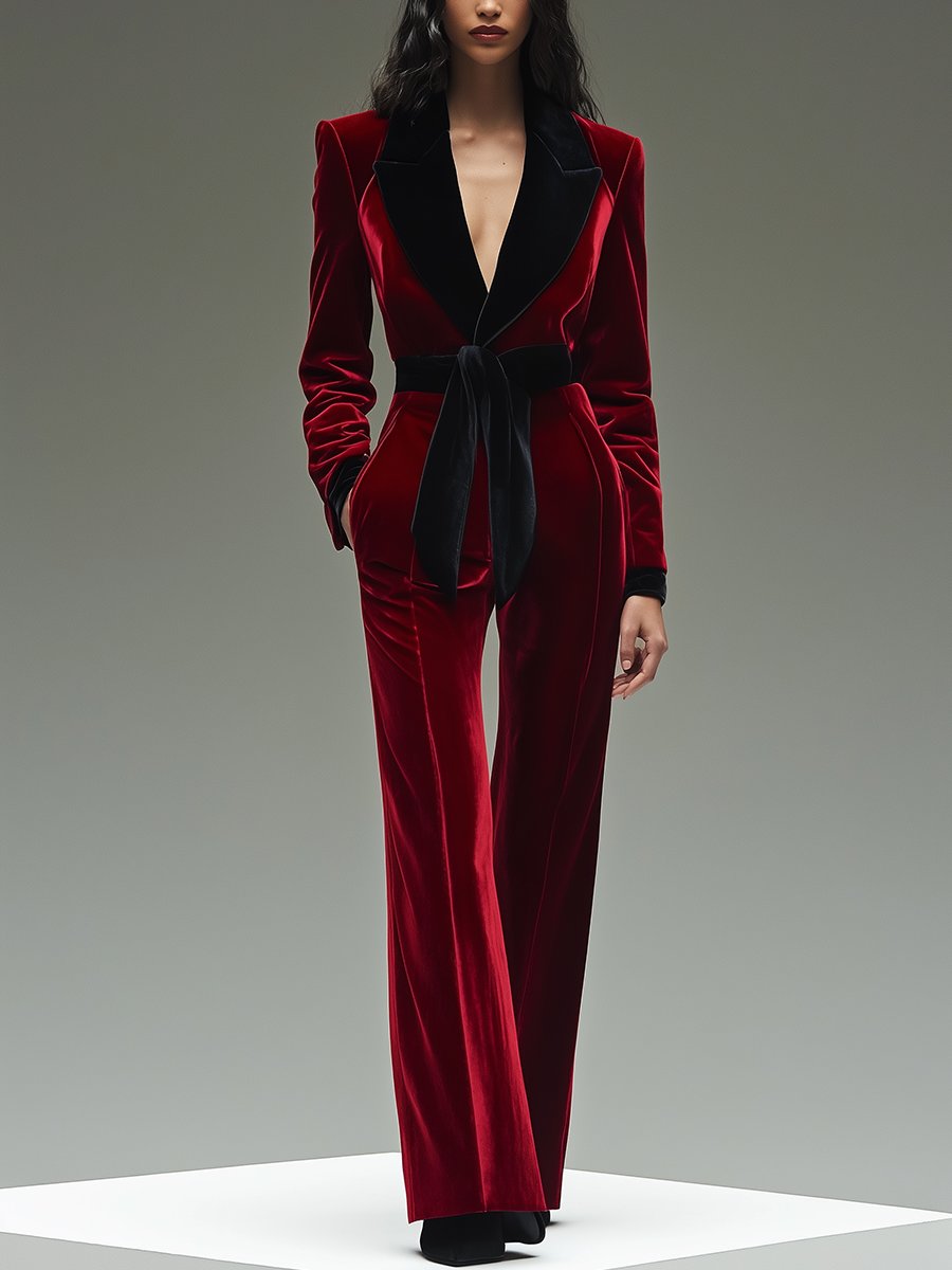 【24 hour shipping out】Retro Fashion Lapel Belt Different Velvet Stitching Jumpsuit