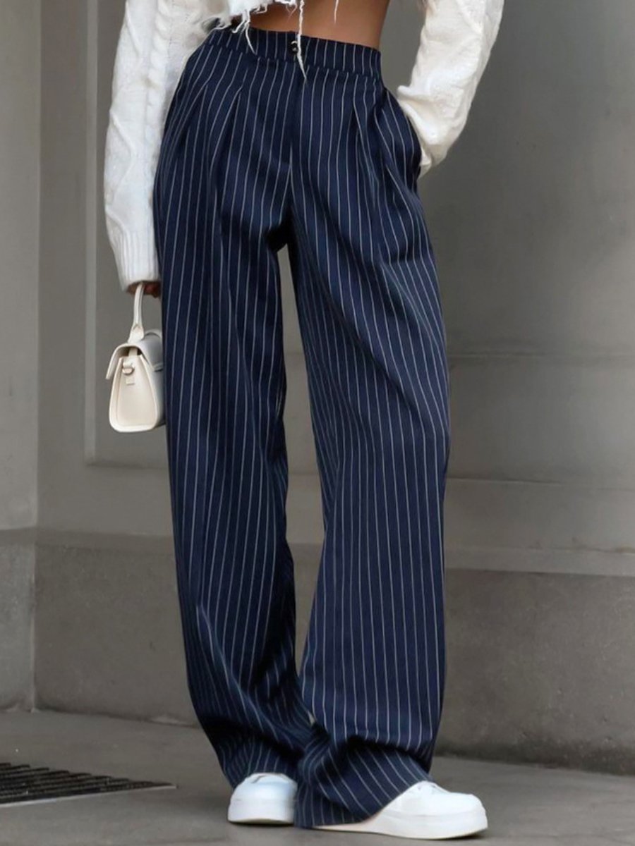 Fashion Casual High Waist Striped Navy Blue Wide Leg Pants