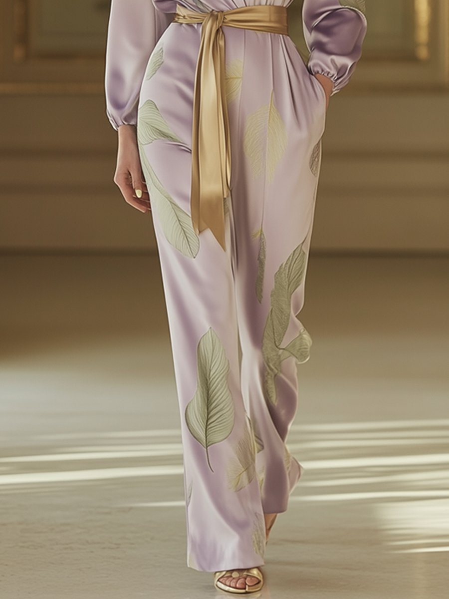 Lavender Satin Mint Green Leaf Print Jumpsuit