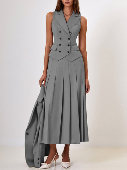 Elegant Sleeveless Vest Pleated Long Skirt Two-Piece Suit