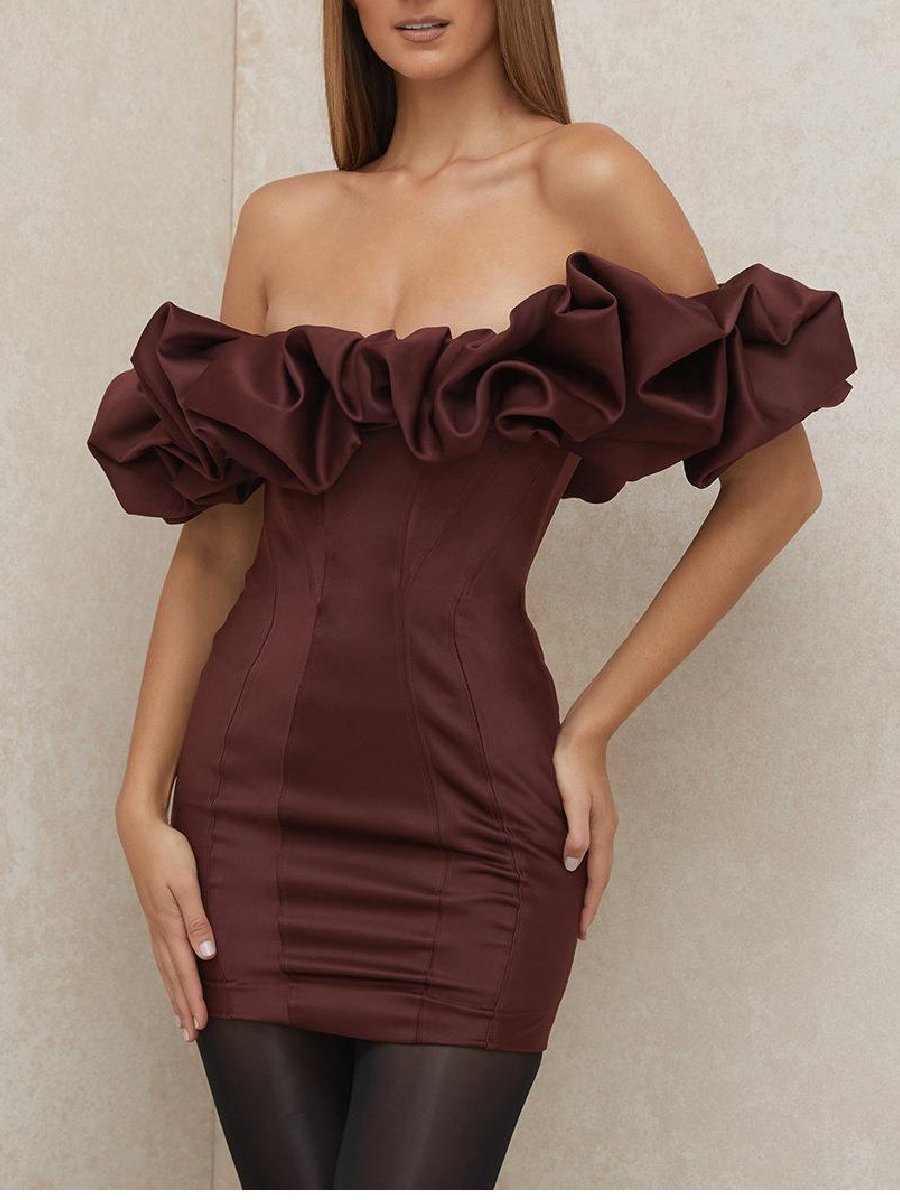 Elegant One Shoulder Herringbone Ruffle Mini Dress