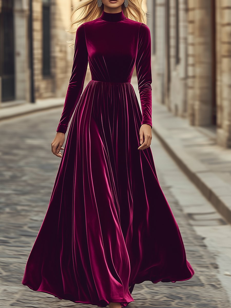 Retro Fashion High Collar Waist Velvet Maxi Dress