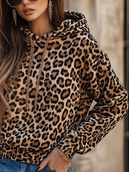 Retro Fashion Long Sleeve Leopard Print Metal Chain Hooded Sweatshirt