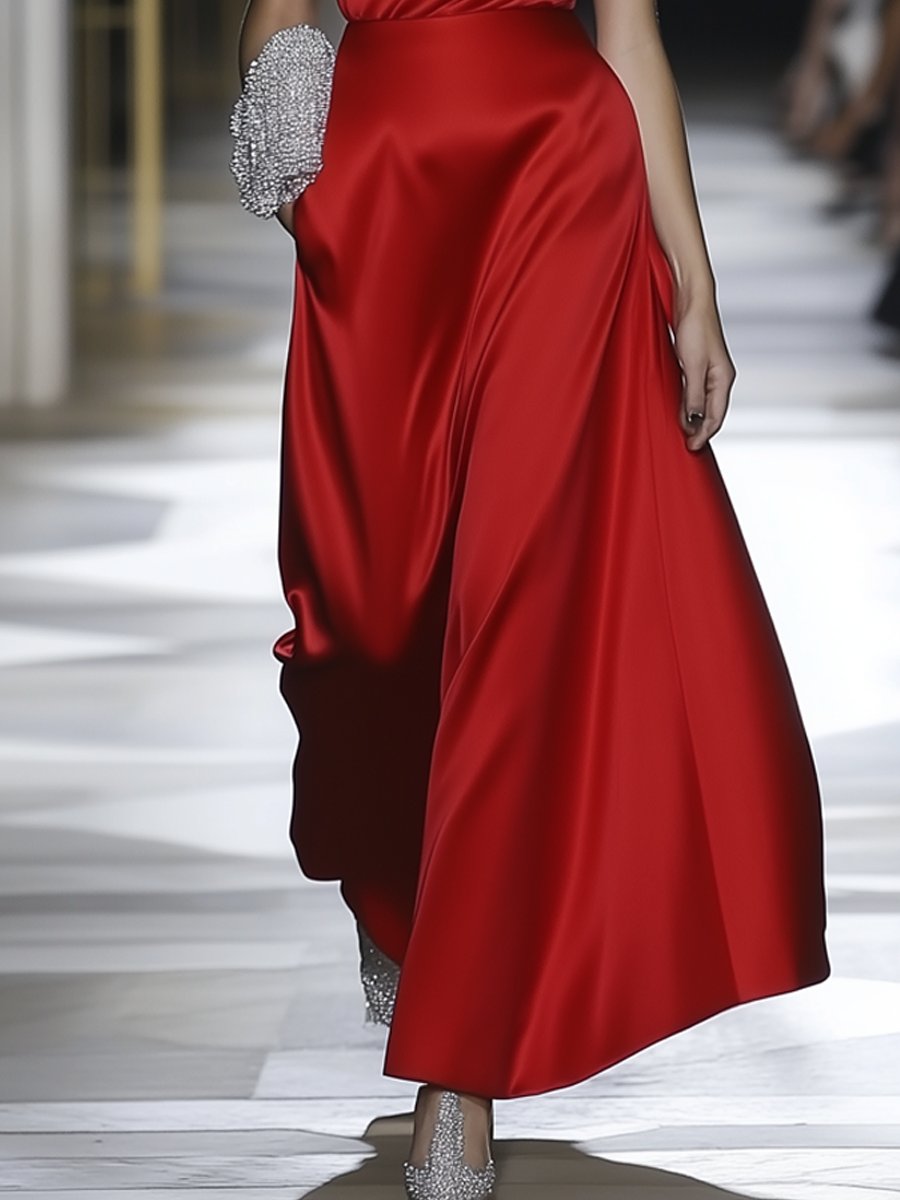 Premium Glossy Red Off-the-Shoulder Maxi Dress