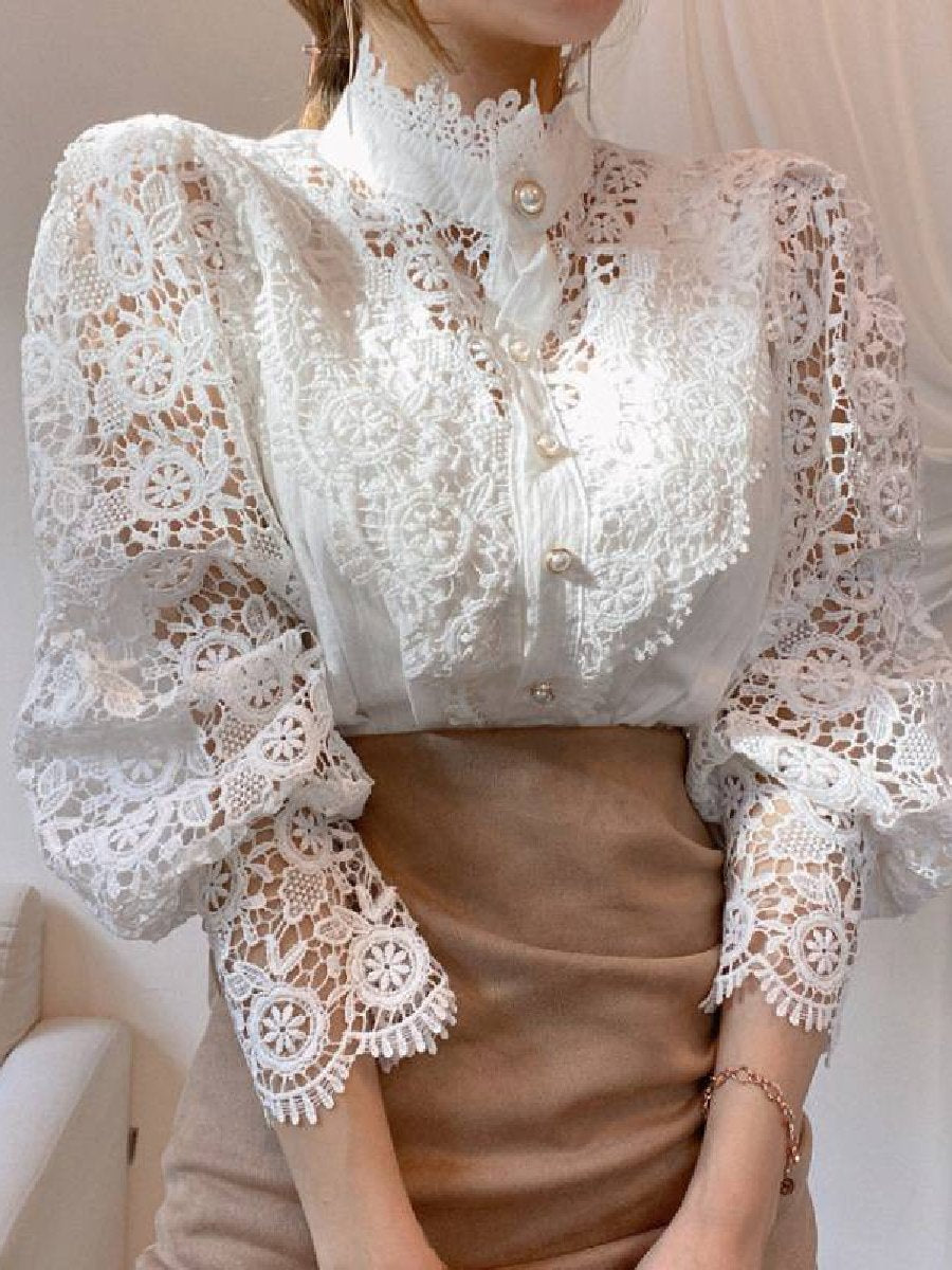 Luxurious Palace Style Lace Stand Collar Long Sleeve Shirt