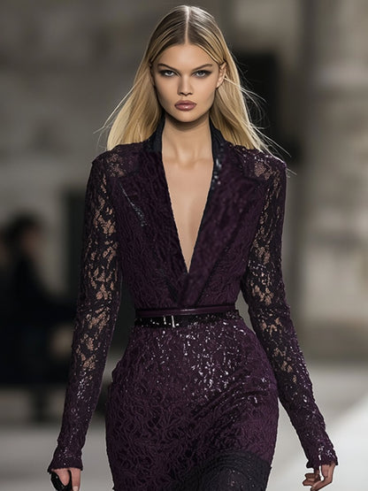 Mysterious Purple Lace Long-Sleeve Bodycon  with Deep V-Neck Mini Dress