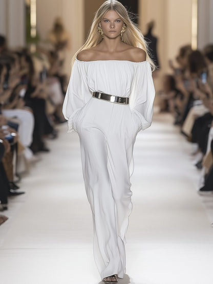 Elegant White Off-The-Shoulder  with Puffy Sleeves and Belted Waist Jumpsuit