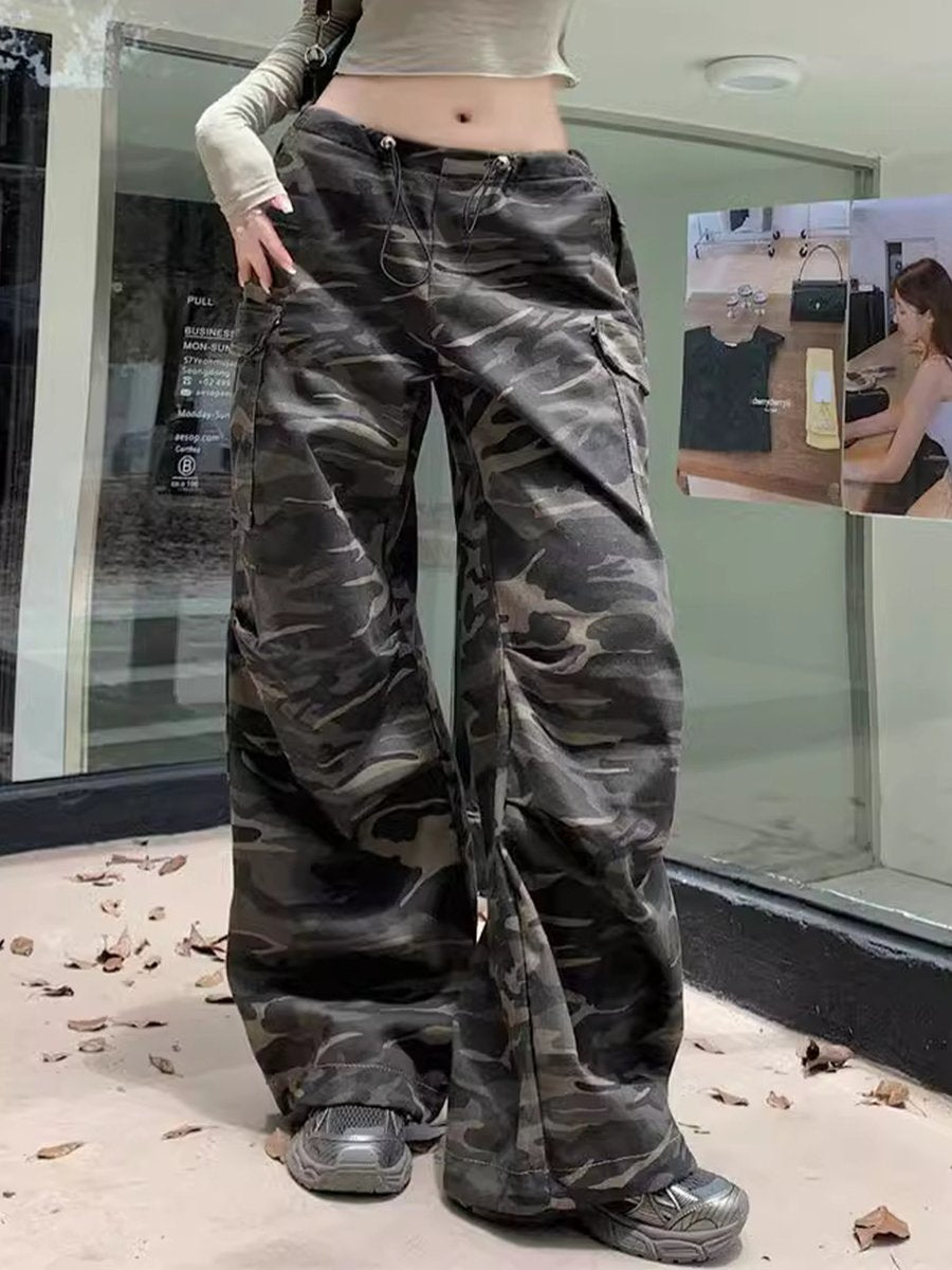 Loose Wide-leg Floor-length Casual Retro Camouflage Drawstring Work Jeans