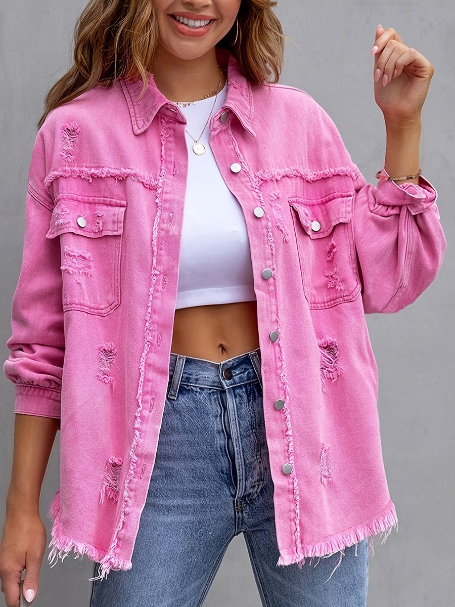 Fashionable Casual Solid Color Mid-length Ripped Long-sleeved Denim Jacket