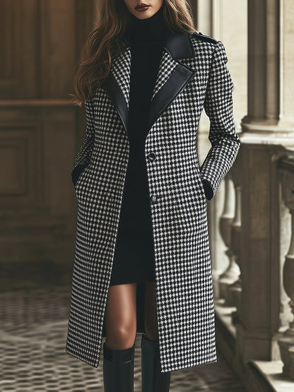 Fashion Retro Casual Houndstooth Lapel Leather Stitching Mid-length Coat