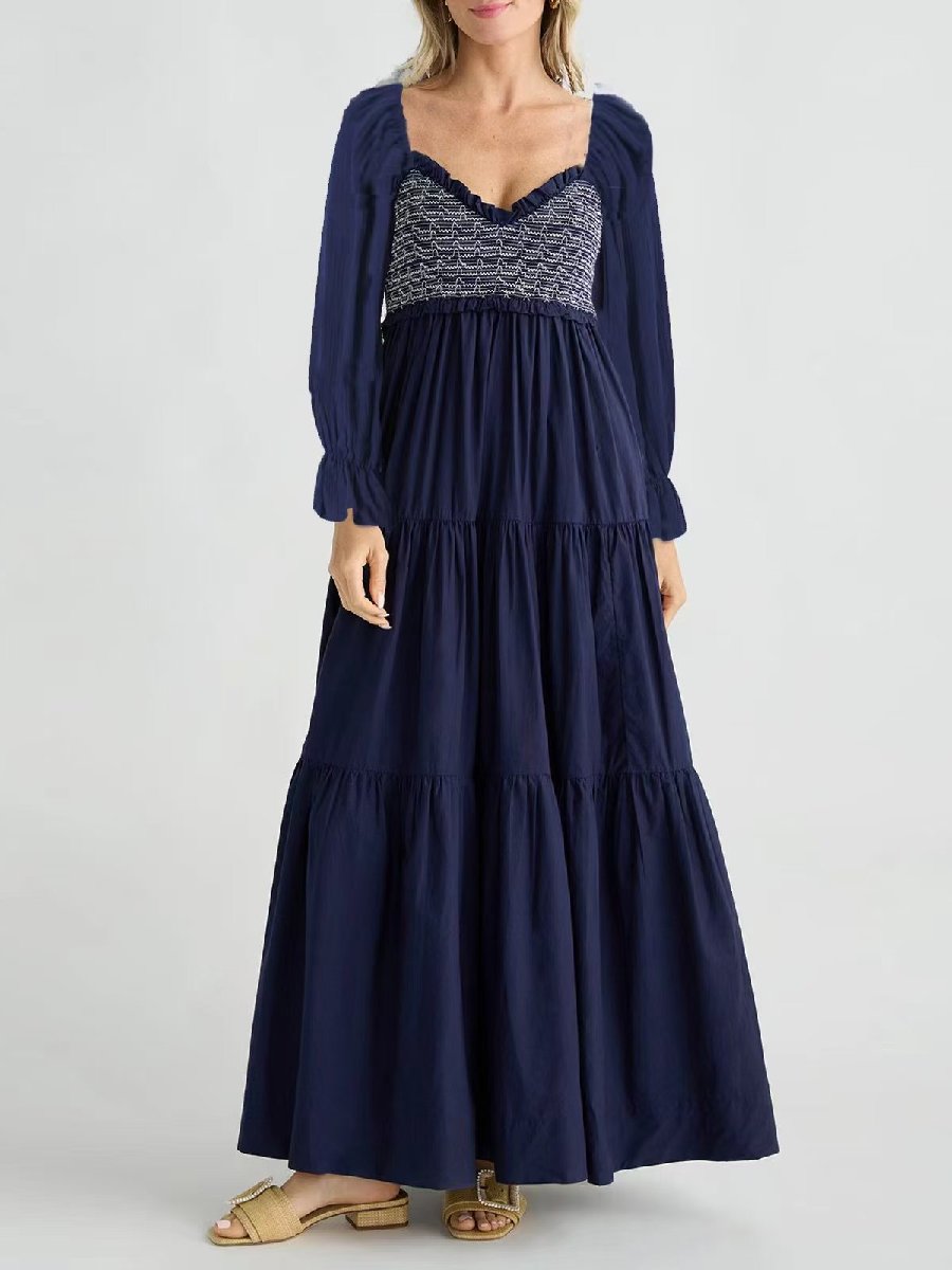 Casual Long Sleeve Pleated Layered Ruffled Hem Maxi Dress