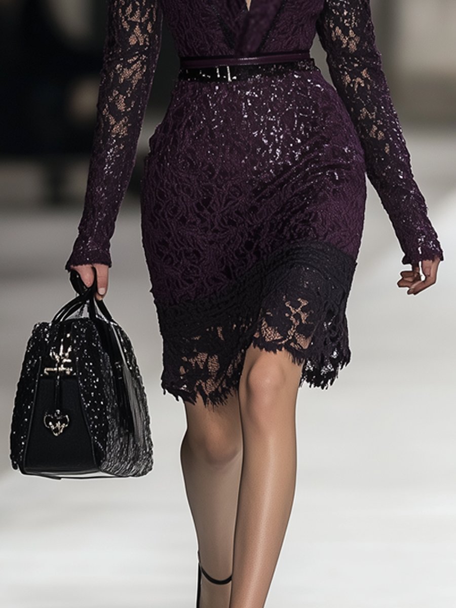 Mysterious Purple Lace Long-Sleeve Bodycon  with Deep V-Neck Mini Dress