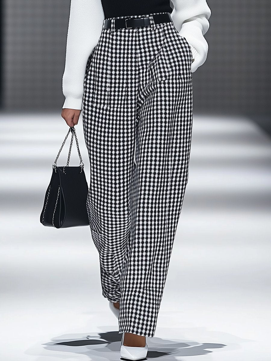 Fashion Retro Houndstooth Pocket Straight Pants