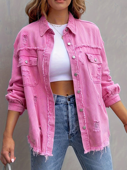 Fashionable Casual Solid Color Mid-length Ripped Long-sleeved Denim Jacket