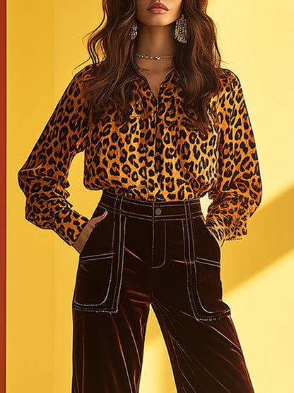 Luxury Fashion Vintage Leopard Print Lapel Velvet Shirt and Velvet Topstitched Wide-leg Pants Two-piece Set