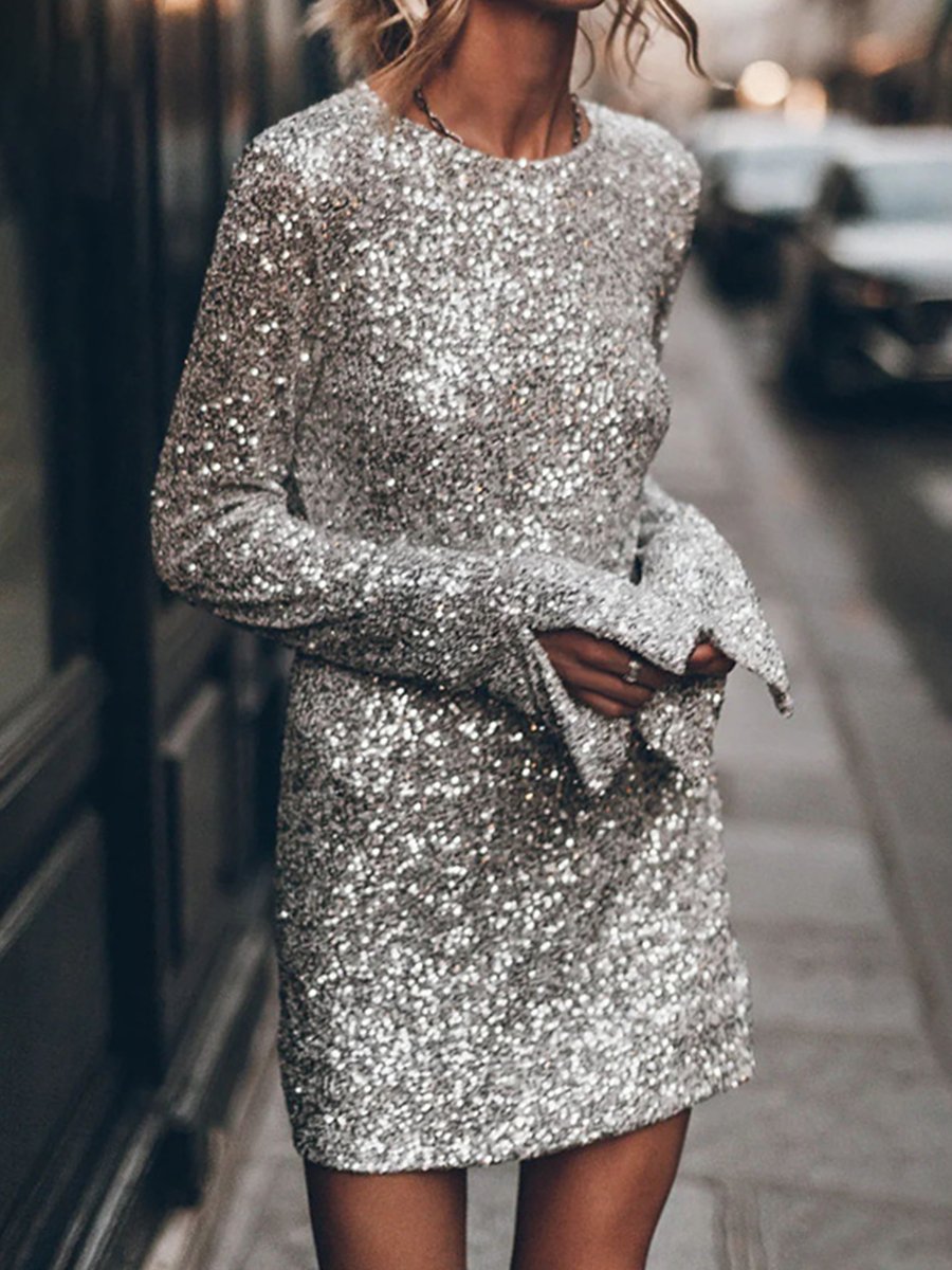 Fashion Party Gathering Sequined Backless Long Sleeve Mini Dress