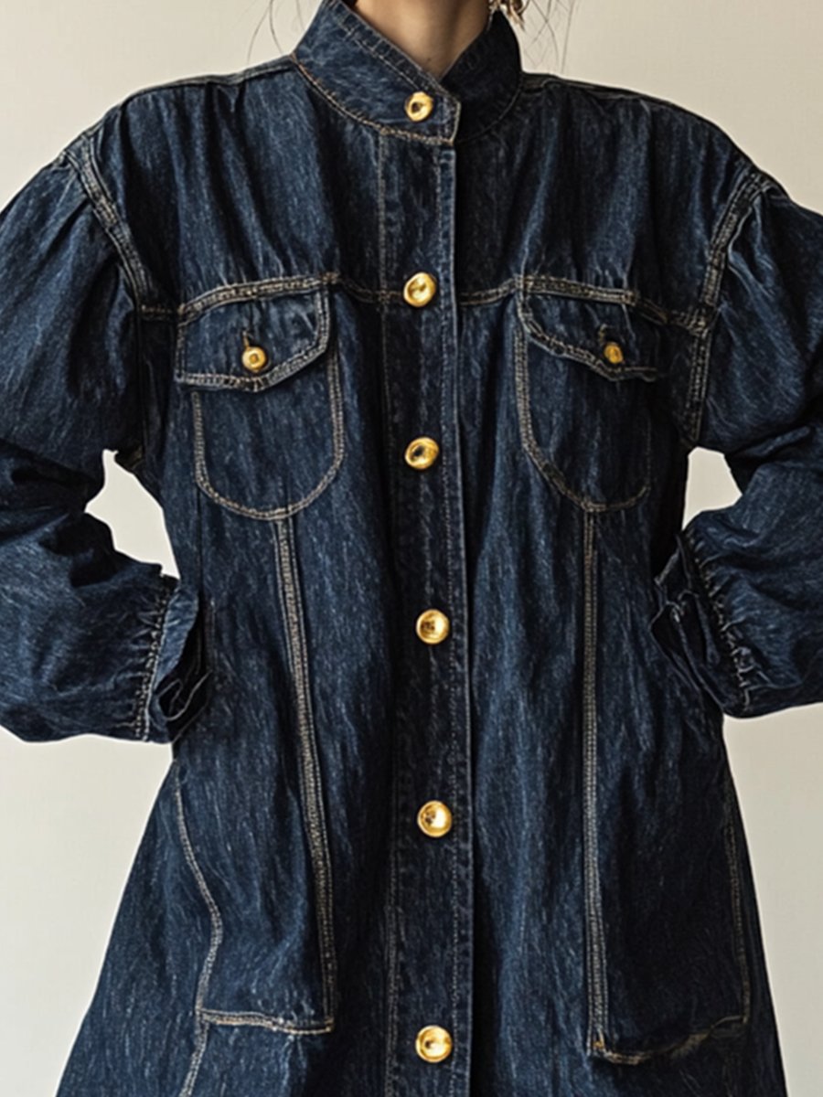 Retro Fashion Stand Collar Gold Button Large Pocket Long Denim Shirt Dress