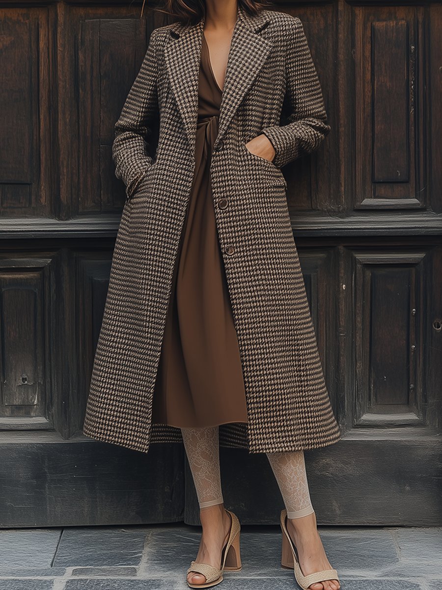 Fashion Retro Houndstooth Check Lapel Pocket Long Coat